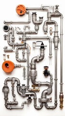 Obraz premium vertical background pipes and pipe connections isolated on white, abstract communications
