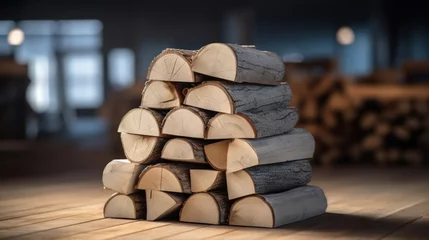 Rolgordijnen Stack of firewood on the table against the blurred background © tashechka