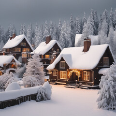 Pretty Christmas scene with trees and roofs covered in snow