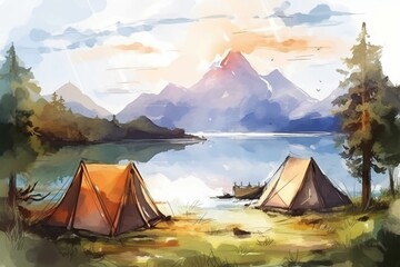 Illustration of camping scene with tent, lake and mountains, watercolor style, outdoor activity design. Generative AI