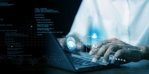 Man using technology smart robot AI, artificial intelligence by enter command prompt for generates...