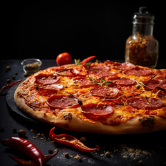 Pepperoni pizza, photography, spicy, loaded, savory, on a dark stone table with a sprinkle of chili flakes, tempting, ambient restaurant lighting, vibrant reds and golden crust Generative AI