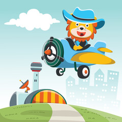 Cute animal  flying on a airplane. Vector childish background for fabric textile, nursery wallpaper, card, poster and other decoration. Vector illustration. © Hijaznahwani