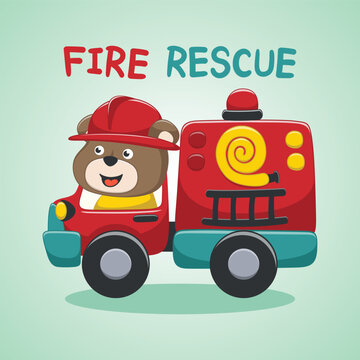 Cute Bear Firefighter Riding Fire Truck Cartoon Vector Icon Illustration. Animal Rescue Icon Concept Isolated Premium Vector. for kids print