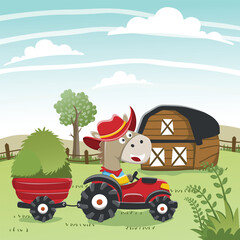 Cute horse  and tractor in the farm, funny animal cartoon, Can be used for t-shirt print, kids wear fashion design, invitation card. fabric, textile, nursery wallpaper, poster and other decoration.