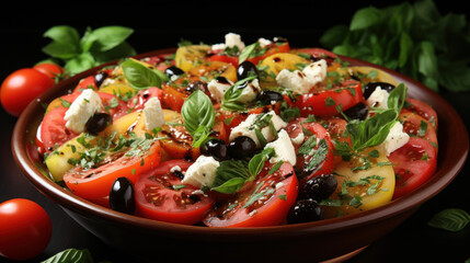 Freshly dressed salad with tomato and arugula, garnished with black olives, offering a tasty and healthy meal option.