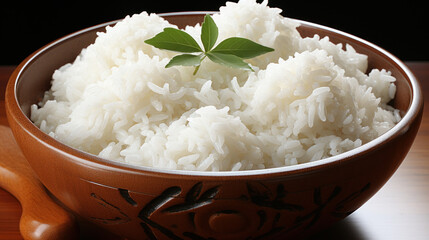 Cooked rice displayed in a wooden bowl, simple and versatile staple food ready to be served.