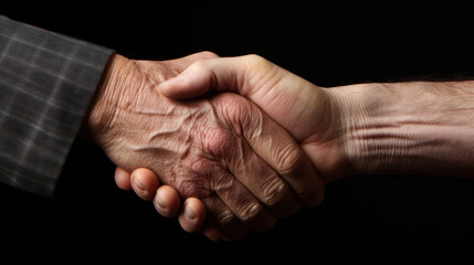 Family reconciliation: Two individuals from different generations shaking hands as a symbol of mending and understanding.