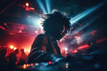 DJ with afro hair mixing tracks at a club - Afro style meets electronic music - AI Generated - obrazy, fototapety, plakaty
