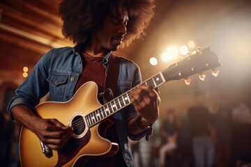 Musician with afro hair, holding a vintage guitar - Afro style and retro music - AI Generated