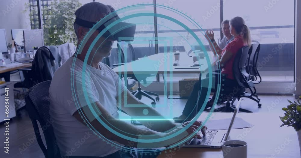 Poster animation of cyber security text data processing over diverse business people in office