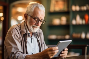 Elderly man reading news on a tablet - Digital media consumption across ages - AI Generated