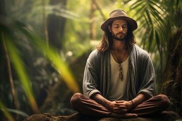 Man in boho attire meditating in a forest - Nature-inspired style - AI Generated - obrazy, fototapety, plakaty