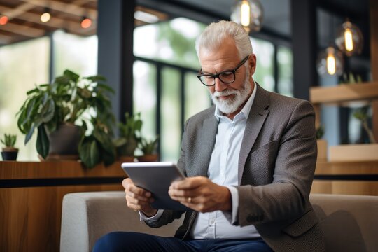 Elderly man reading news on a tablet - Digital media consumption across ages - AI Generated
