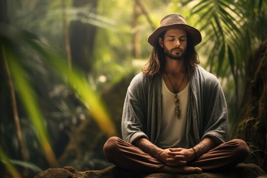 Man in boho attire meditating in a forest - Nature-inspired style - AI Generated