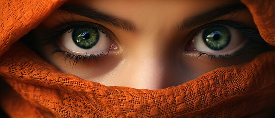 Close up portrait of young Woman muslim in orange burqa with hidden face. female green eyes and face covered. Oriental girl in a burka. Straight look, expressive eyes, close-up portrait. Generative ai - obrazy, fototapety, plakaty