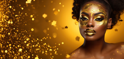 Banner beauty model girl on holiday golden background, woman with beautiful make up and curly hair style golden glow, festive celebration, copyspace .