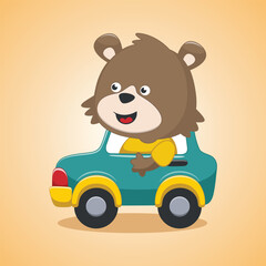 Vector illustration of cute bear driving blue car go to vacation, Vector illustration. T-Shirt Design for children. Design elements for kids.