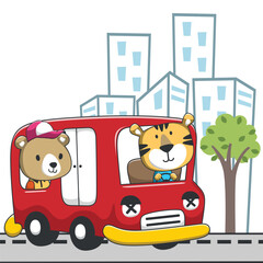 Cute animals  on the bus funny animal cartoon, Vector illustration. T-Shirt Design for children. Design elements for kids.