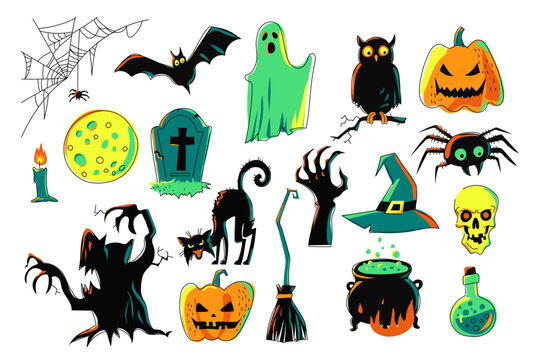 Halloween graphic elements isolated. Spider, bat, ghost, owl, pumpkin, grave, cat, broom, dead man's hand, hat, skull, witch cauldron, bottle of poison and others. Spooky and colorful. Hand drawn set.