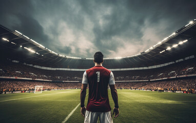 Back view of footballer standing in front of a huge stadium filled full of fans. Generative AI