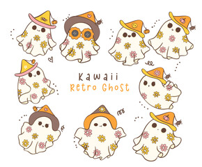 collection of cute Halloween retro ghost with daisy flowers cartoon doodles. Kawaii cartoon doodle is perfect for decorating your ho