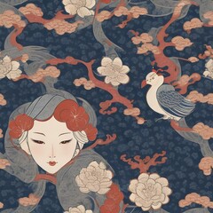 A seamless pattern of woman and bird in traditional Japanese style. Repeatable image background. Generative AI.