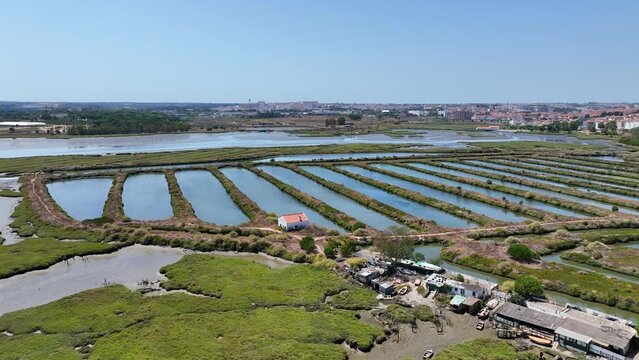 Drone shot of wierd long farming ponds in Corrois in Portugal.