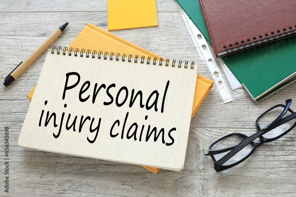 Poster text personal injury claims. work table notepad on yellow notepad. text