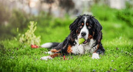 Bernese Mountain Dog with a pear in his mouth lying on the grass in the garden