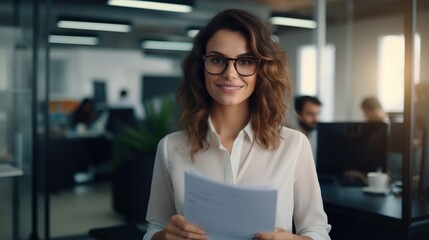 A beautiful woman in stylish glasses is dressed in a business style, holding documents in her hands. Concept of legal and financial assistance. - obrazy, fototapety, plakaty