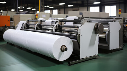 Modern machine for the production of paper rolls , Storage of paper rolls at a warehouse in a paper factory
