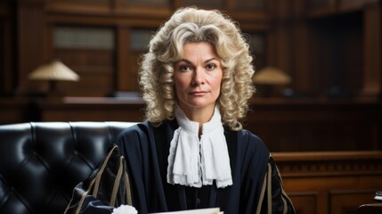 A middle-aged woman wearing a wig and a judge's uniform.