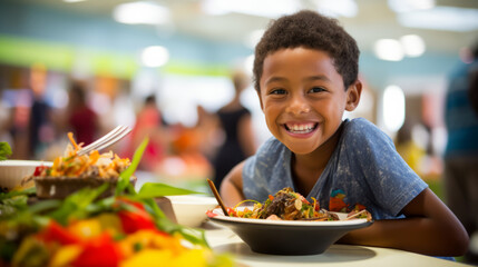 Young boy participating in a multicultural food festival. He samples dishes from various cultures, experiencing the diverse and rich flavors of international cuisine.