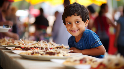 Young boy participating in a multicultural food festival. He samples dishes from various cultures, experiencing the diverse and rich flavors of international cuisine. - obrazy, fototapety, plakaty