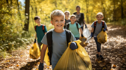 Young boy leading a group of friends in a community clean-up initiative. Armed with recyclable bags and gloves, they work together to clean local parks and streets, environmental responsibility - obrazy, fototapety, plakaty
