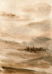 Watercolor forest landscape. Abstract painting of a spruce forest silhouette. Background of nature in brown colors.