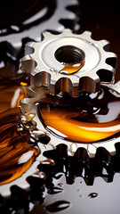 vertical gear background on the background of golden engine oil and grease, the mechanism is in operation maintenance and service