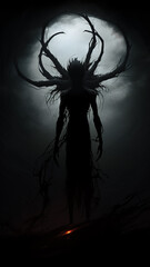 vertical view of a creature from the darkness, the horror of an ancient forest, a fantastic terrible fictional creature symbolizing phobia and fear