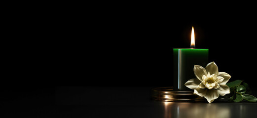 Burning candles and white flowers on black background with space for text. Funeral concept. - obrazy, fototapety, plakaty