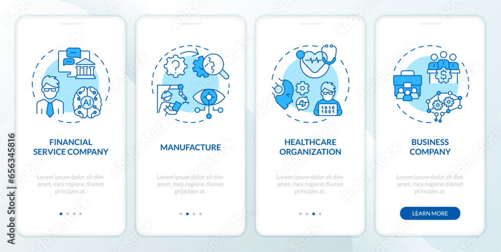 Wall mural 2d icons representing ai engineer mobile app screen set. walkthrough 4 steps blue graphic instructio