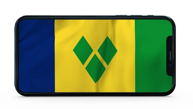 Waving flag of Saint Vincent and the Grenadines on a mobile phone screen. 3d animation in 4k resolution video.