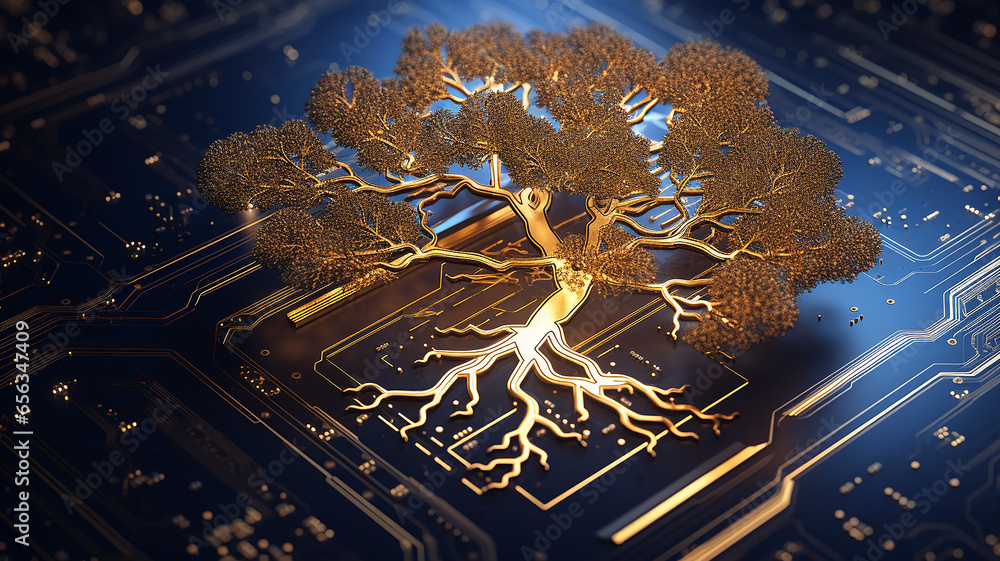 Poster background concept is artificial intelligence, a symbol of nature and growth, a tree of life and a b