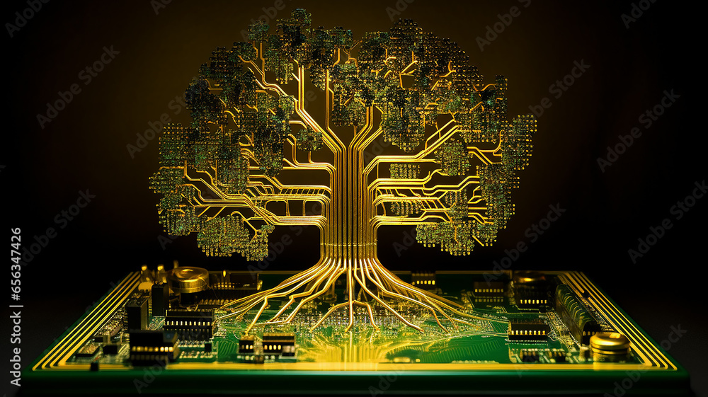 Poster background concept is artificial intelligence, a symbol of nature and growth, a tree of life and a b