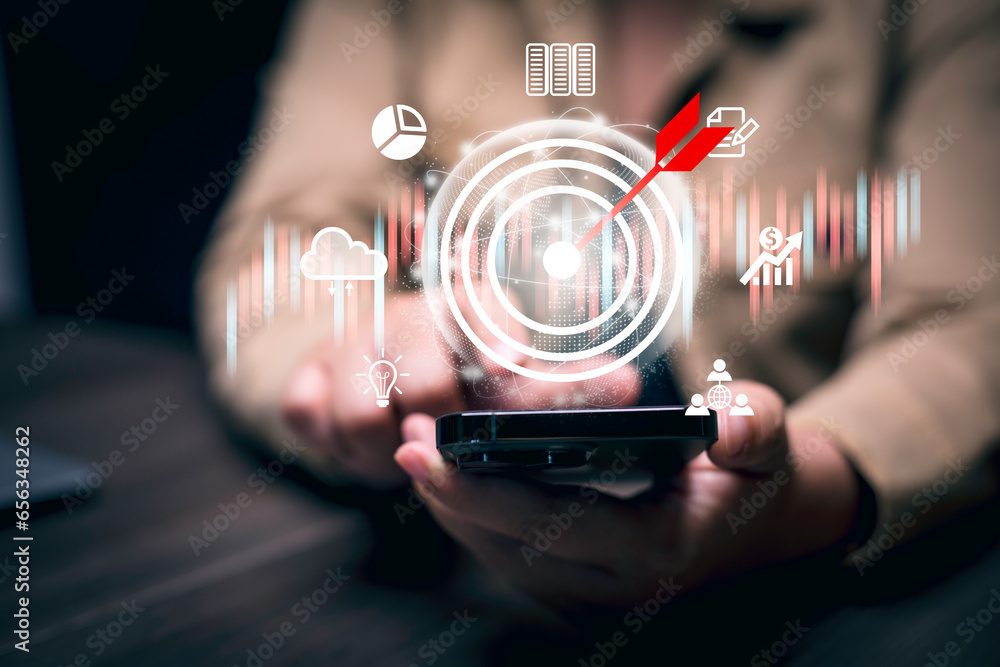 Poster target with customer relationship management, business people use laptops with global structure cust