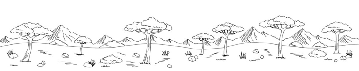 Savannah graphic black white landscape long sketch illustration vector 