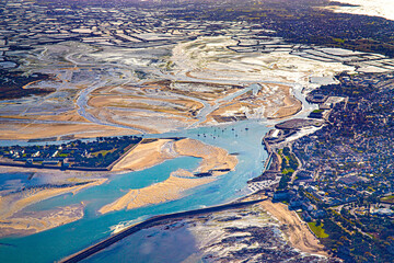 Atlantic ocean from sky aerial view in French coastline between loire river and La baule marsh