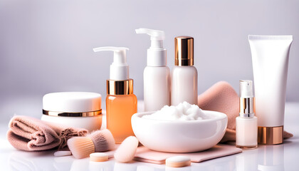 Fototapeta na wymiar Luxury refreshing cosmetics set for personal hygiene on table