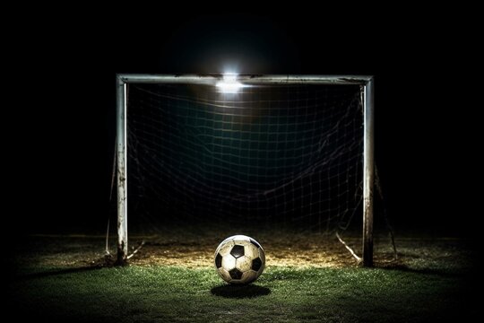 A picture of a soccer ball near a goal post, illuminated by a spotlight. Generative AI