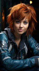 Caucasian woman, Auburn hair, Pixie Cut style, Midnight Blue Athletic Wear, motorbike, Mystical, Sitting, Smiling 